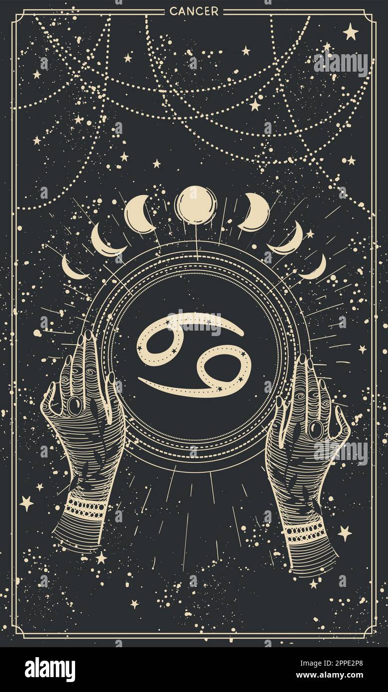 Karte mit dem Symbol „Cancer Zodiac“, Vorlage für Geschichten mit Platz für Text, zwei Hände mit einem Rahmen auf schwarzem Hintergrund mit Sternen, Astrologie C. Stock Vektor