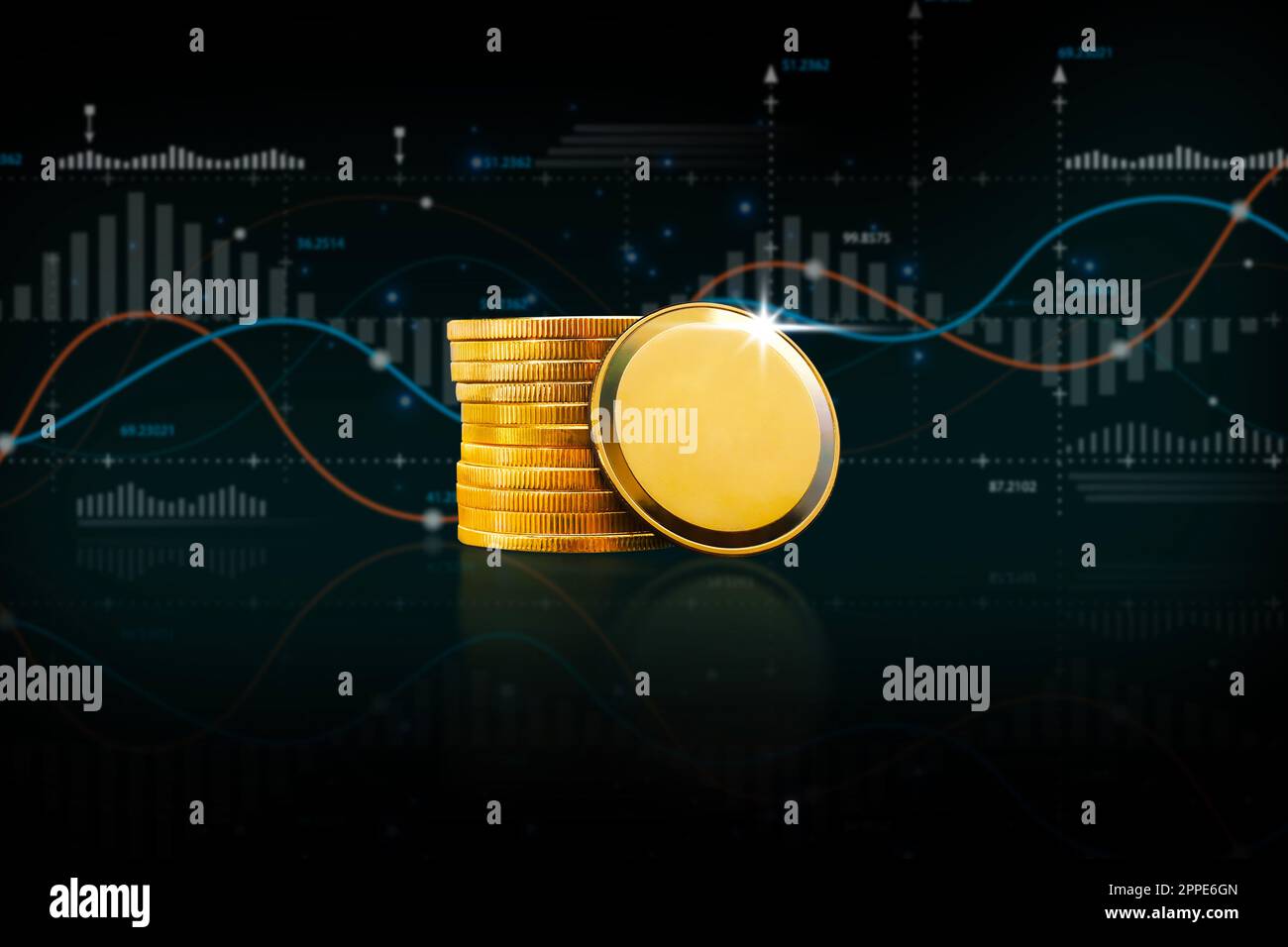 Leere Goldmünze oder Krypto-Währung mit Analysegrafik auf schwarzem Hintergrund, Konzept für digitale Währung und Investitionstechnologie. Stockfoto