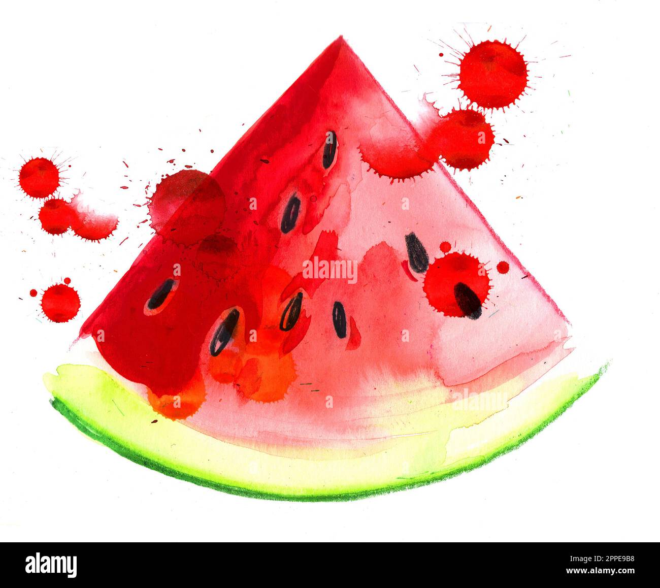 Aquarellmalerei einer Scheibe Wassermelone mit Spritzern Stockfoto