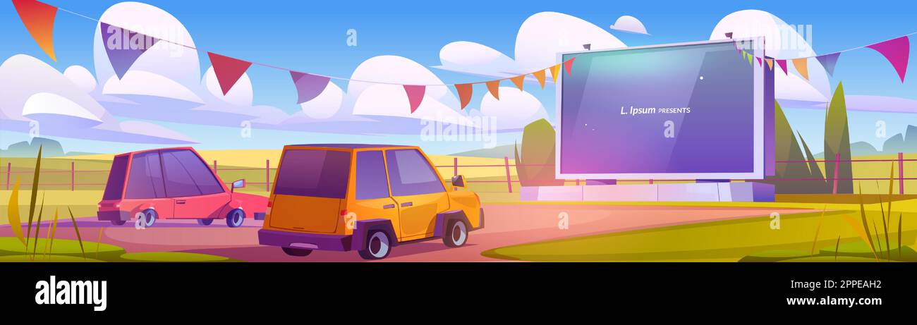 Tagestour auf dem Parkplatz im Kino. Theaterfestival mit Girlande für Auto auf Großbildleinwand. Air Entertainment-Event zum Anschauen von Filmen im Auto im Sommer. Moderne Videoleistung Stock Vektor