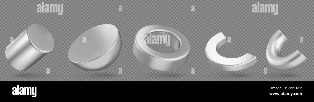 3D verschiedene Objekte abstrahieren. Metallfiguren, geometrische Formen des Rings, Zylinders, Halbkugel, die Hälfte des Torus auf transparentem Hintergrund isoliert, Vektorrealistischer Satz Stock Vektor