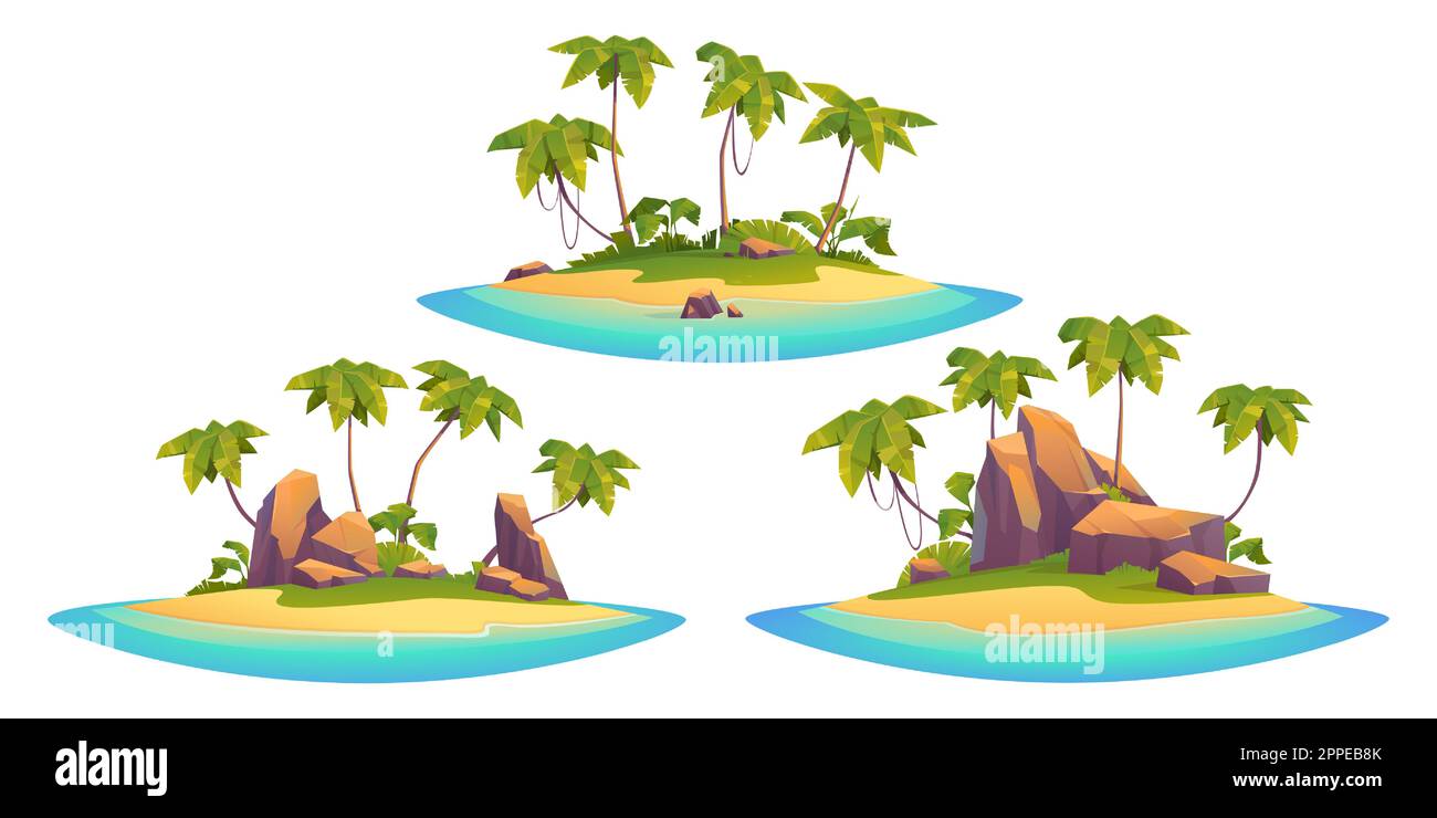 Unbewohnte Trickfilmszene mit tropischen Inseln. Winzige Insel mit Meeresfelsen mit Palmen und Steinklippen, isoliert auf weißem Hintergrund. Wunderschöne exotische Sandküste in der Sammlung von Meeresschätzen Stock Vektor