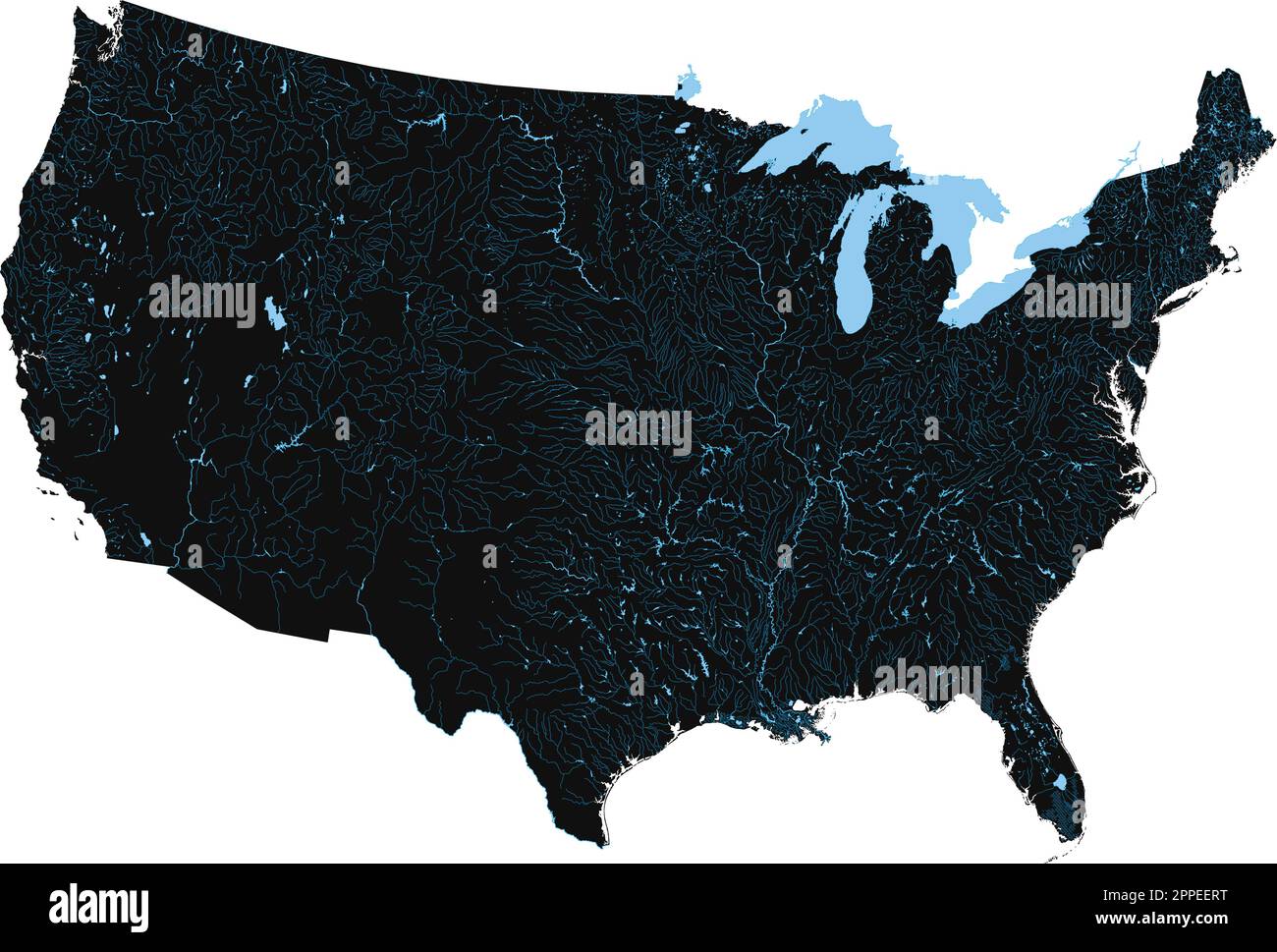 Komplexe US-Flusskarte mit allen wichtigen Flüssen und Seen. Stock Vektor