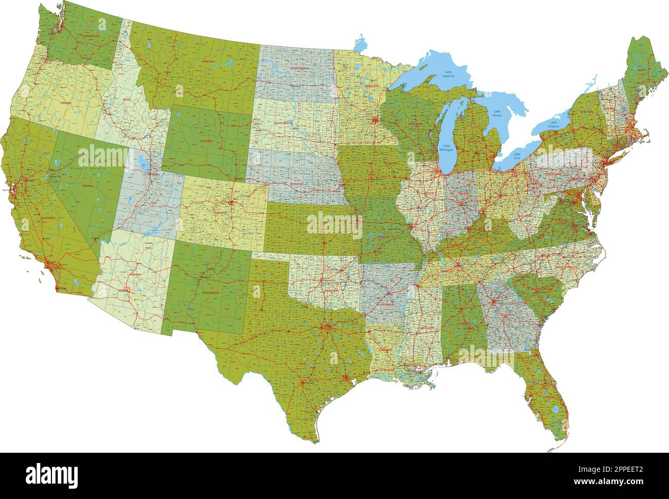 Komplexe politische Landkarte der USA mit allen wichtigen Städten und Straßen. Grünes Farbschema 