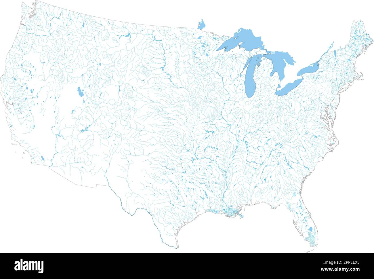 Komplexe US-Flusskarte mit allen wichtigen Flüssen und Seen. Stock Vektor