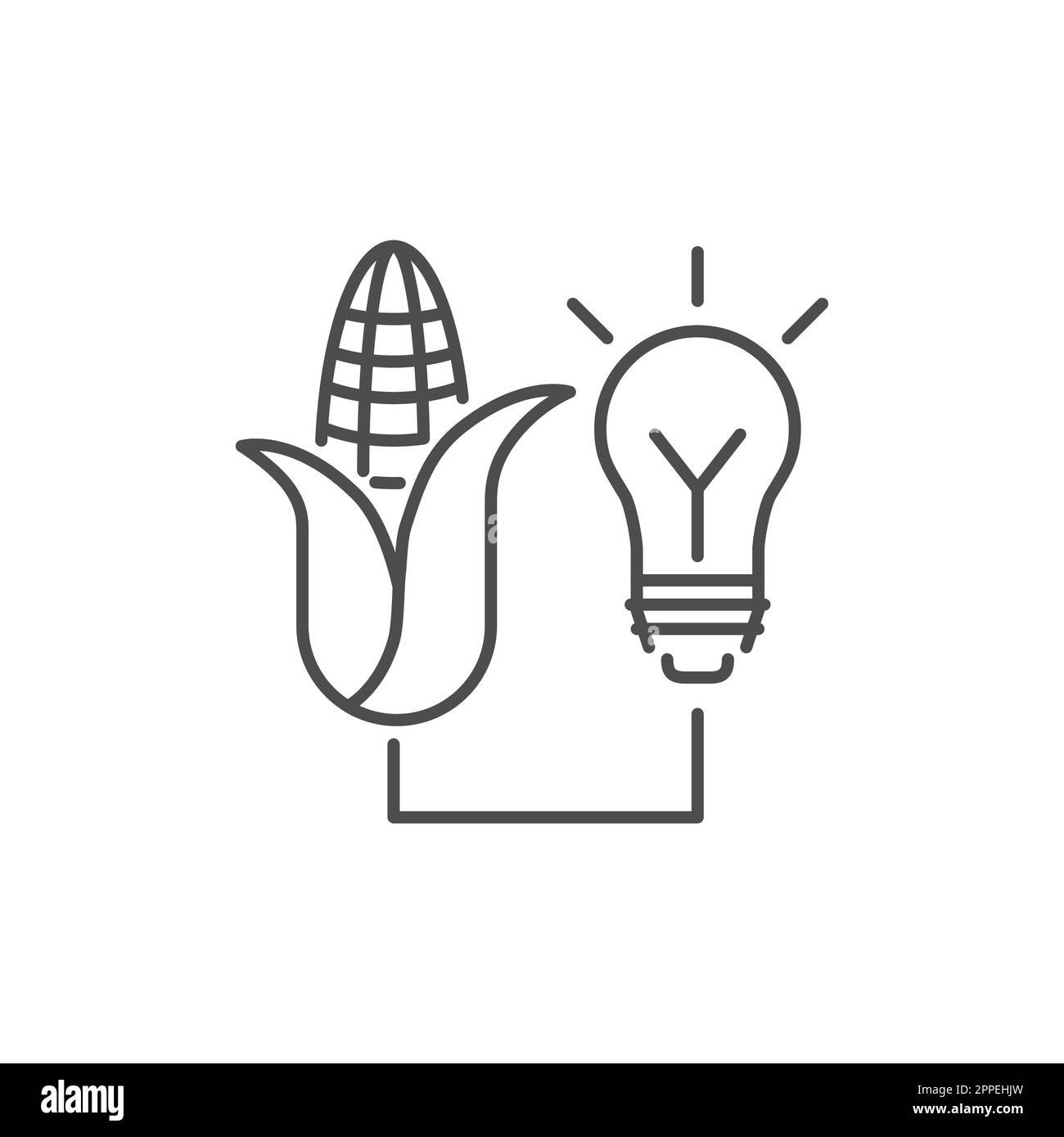 Lineares Vektorsymbol für Biomasse in Bezug auf Elektroenergie. Mais versorgt eine Glühbirne. Ökologische Forschung. Ökoenergie und Biokraftstoff. Darstellung der Vektorkontur Isolat Stock Vektor