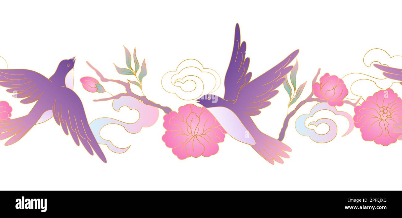 Orientalische Vögel- und Blumenmuster. Traditioneller chinesischer und japanischer Hintergrund. Stock Vektor