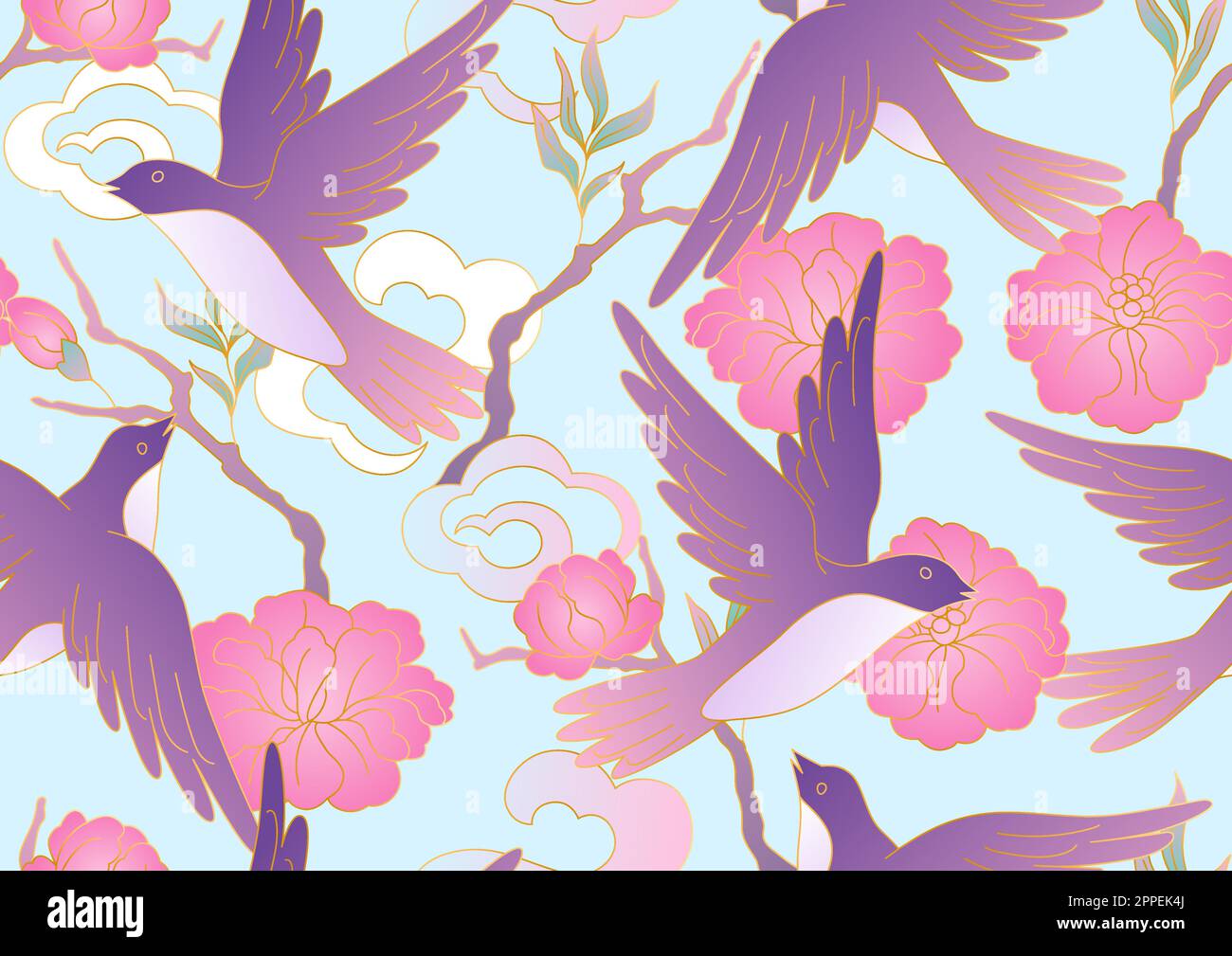 Orientalische Vögel- und Blumenmuster. Traditioneller chinesischer und japanischer Hintergrund. Stock Vektor