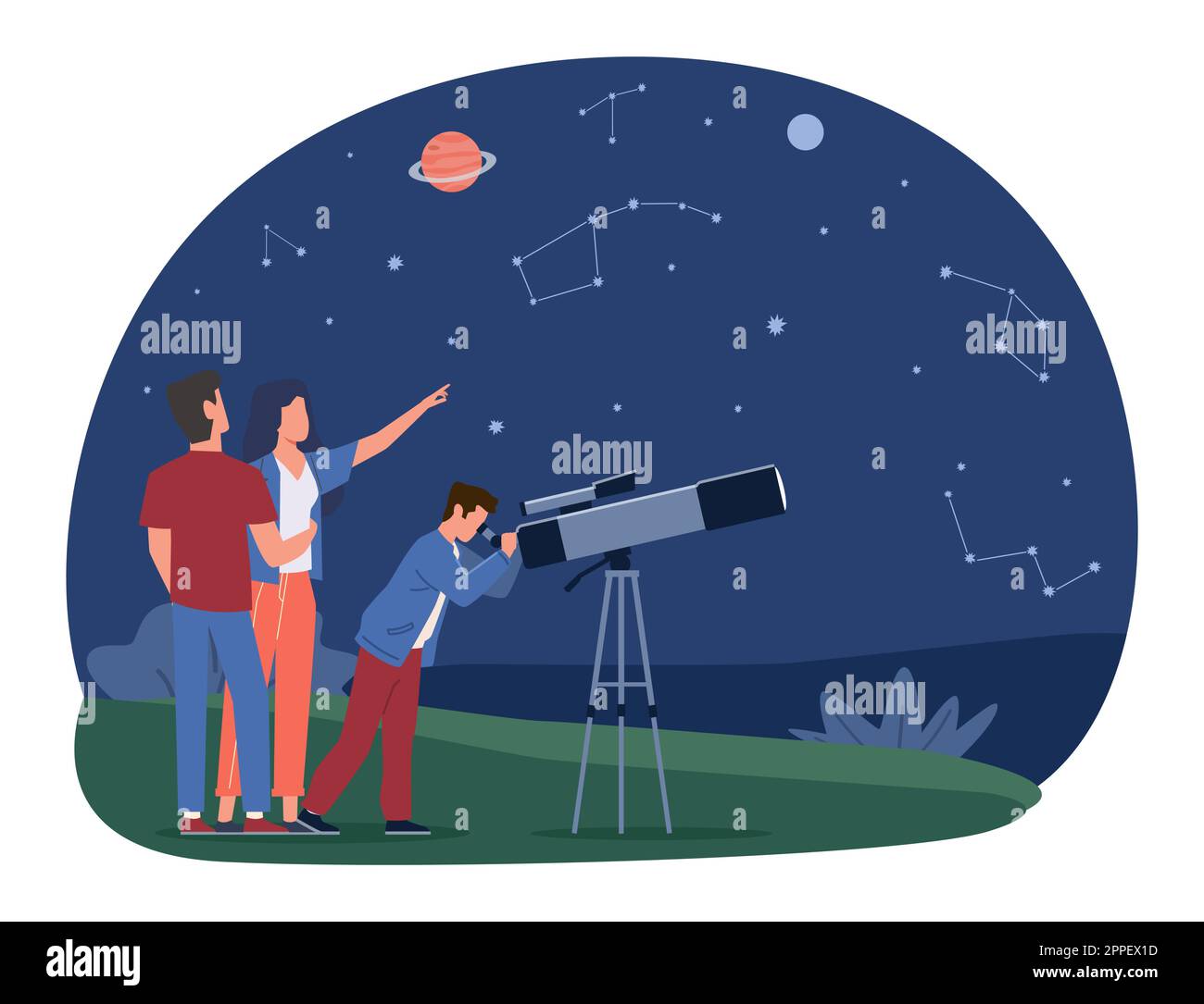 Mutter, Vater und Sohn beobachten Sterne und Planeten zusammen durch das Teleskop. Freizeit für die Familie, Astronomieunterricht. COSMOS-Erforschung. Zeichentrickfilm Stock Vektor