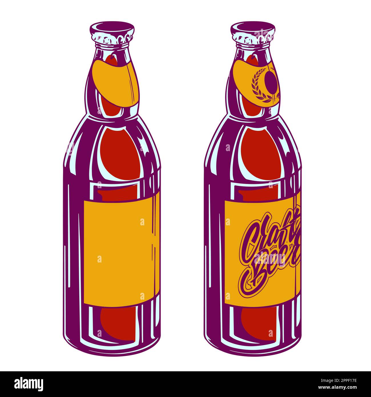 Set aus Glasflaschen Craft-Bier auf weißem Hintergrund im Popart-Stil für Druck und Design. Vektor-Illustration. Stock Vektor