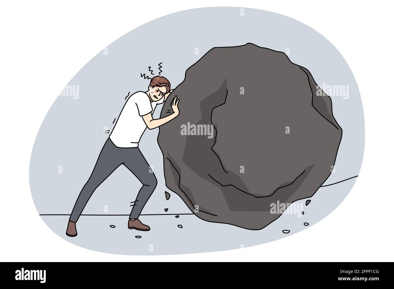 Ehrgeiz starker Geschäftsmann schiebt großen Stein erreichen Geschäftsziele zu erreichen. Ein Mitarbeiter schiebt schweren Fels oder Stein. Hindernisse und Herausforderungen am Arbeitsplatz. Flache Vektorgrafik. Stock Vektor