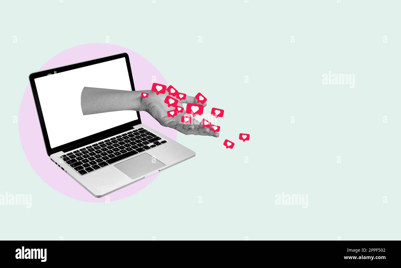 Kreative abstrakte Vorlage Collage von Frau Hand Algorithmus geben mag Herzen Reaktion Social Media Laptop smm Strategie erfolgreiche Blogger Stockfoto