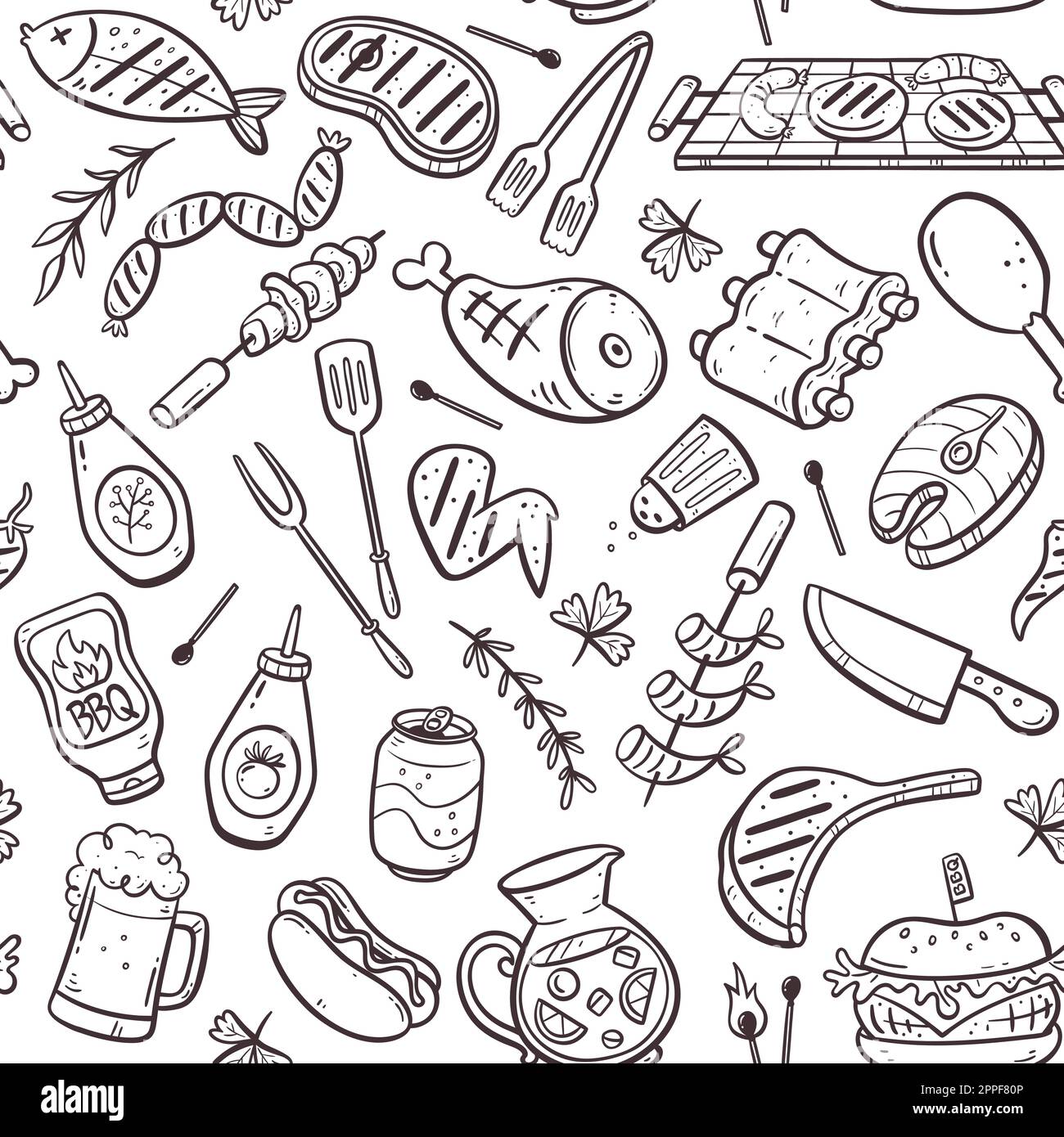 Nahtlose Grillparty mit Fleisch, Burgern, Würstchen und Barbecue-Utensilien. Isolierte Doodle-Elemente auf weißem Hintergrund. Handgezeichnete Vektor-Il Stock Vektor