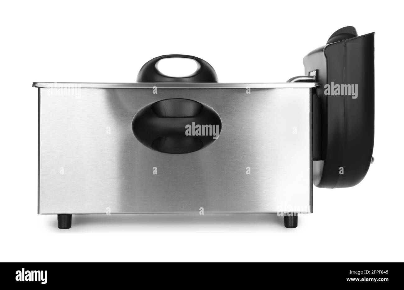 Moderne Fritteuse, isoliert auf weiß. Küchengerät Stockfoto