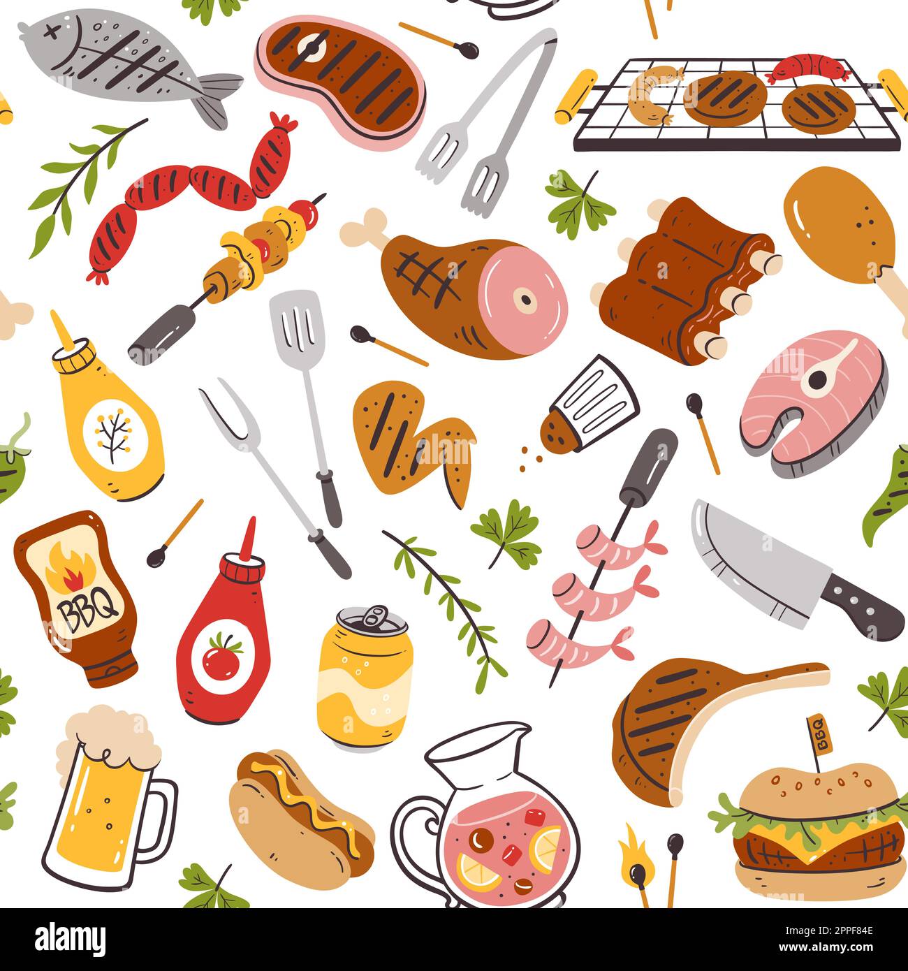Nahtlose Grillparty mit Fleisch, Burgern, Würstchen und Barbecue-Utensilien. Isolierte Elemente auf weißem Hintergrund. Handgezeichnete Vektordarstellung Stock Vektor