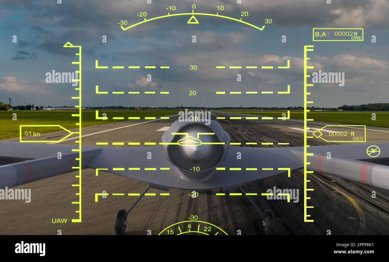 Kamerabild einer militärischen Kampfdrohne aus Sicht des HUD Stockfoto