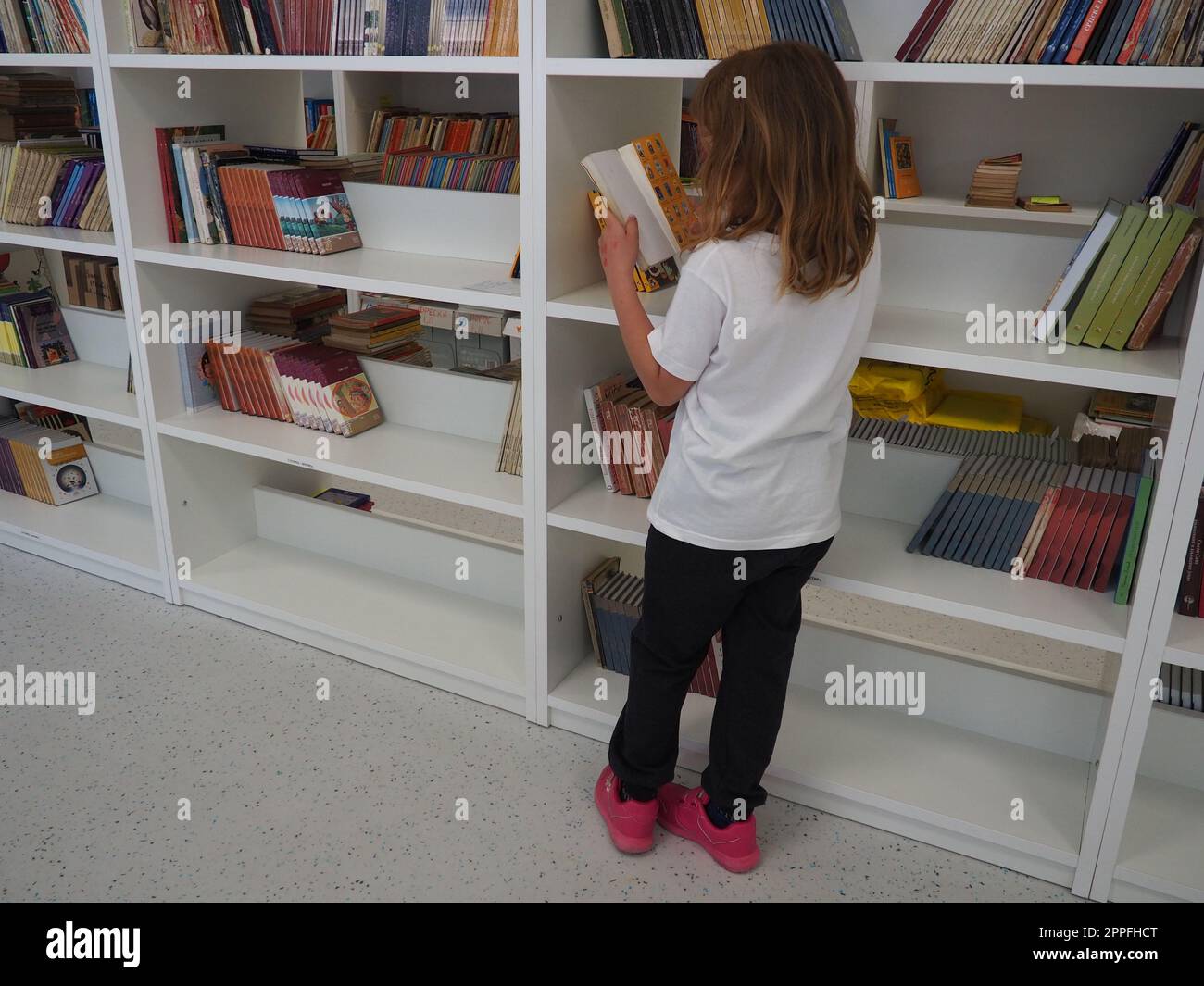 Sremska Mitrovica, Serbien, 15. Mai 2021. Ein 7-jähriges Mädchen in einem weißen T-Shirt steht neben dem Bücherregal in der Bibliothek und liest ein Buch. Schulbildung. Liebe für Literatur und Lesen Stockfoto