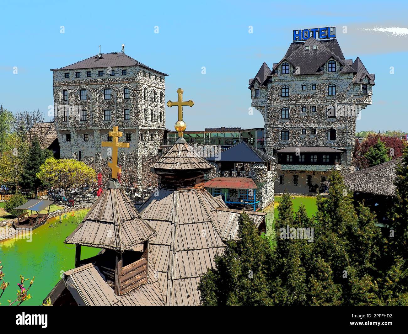 Stanisici, Bijelina, Republika Srpska, Bosnien und Herzegowina April25 2021 Ethno-Dorf, Tourismus und Sehenswürdigkeiten. Stein- und Holzgebäude des Hotels. Die Leute besuchen Restaurants, traditionelle Häuser Stockfoto