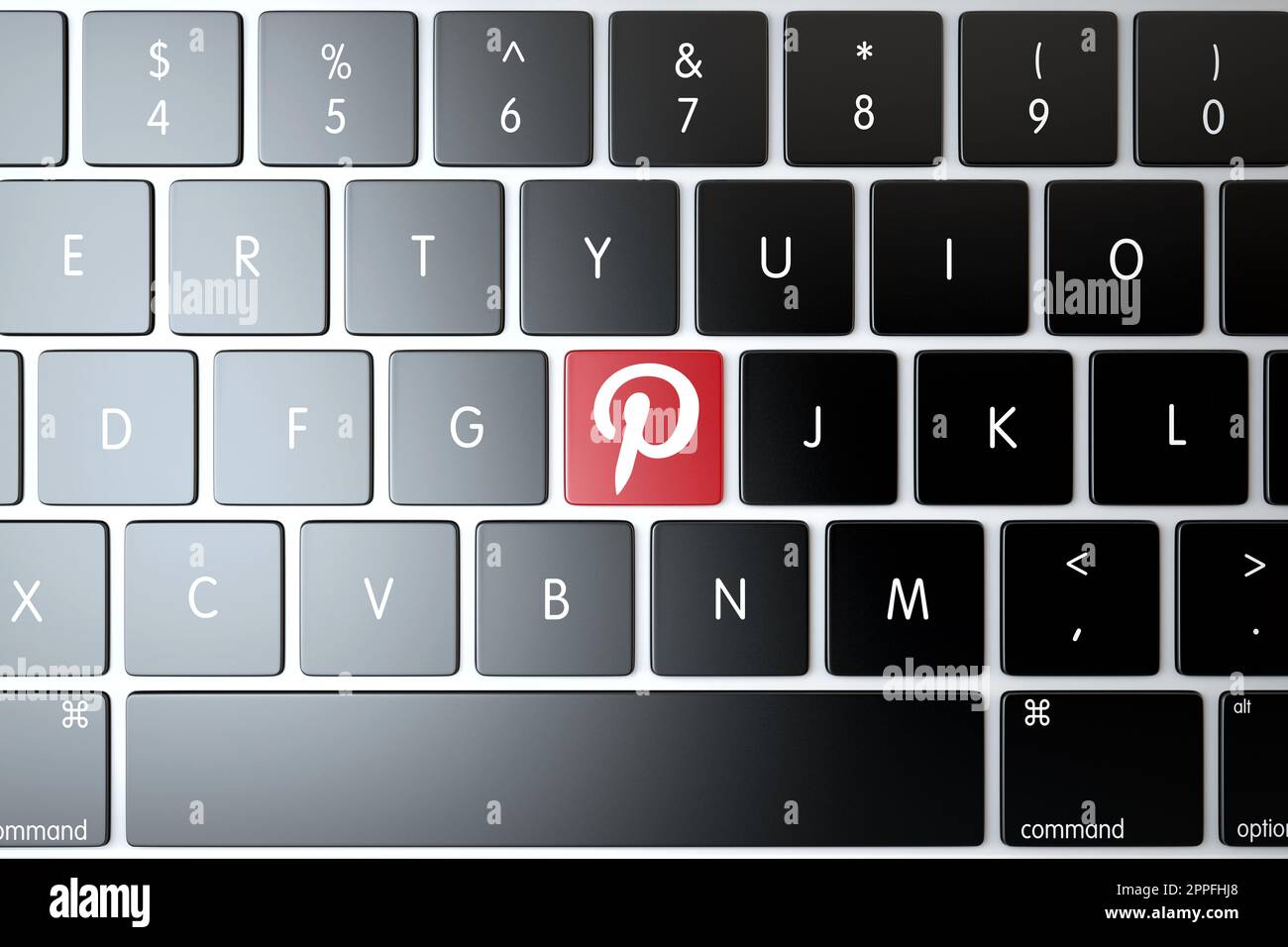 Pinterest-Symbol auf der Laptop-Tastatur. Technologiekonzept. 3D-Rendering Stockfoto