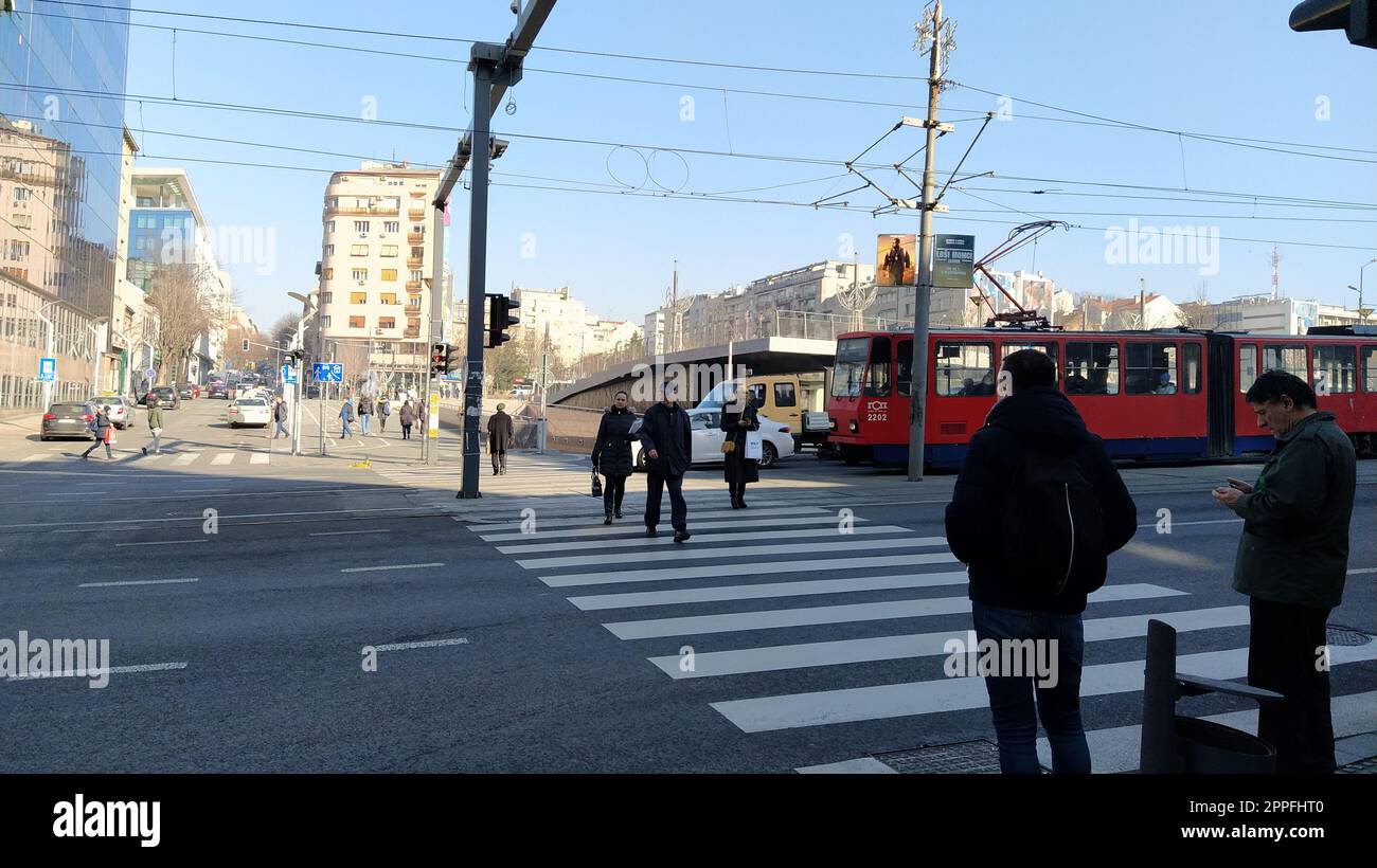 Belgrad, Serbien - 24. Januar 2020: Fußgängerüberquerung mit Menschen auf dem Slavia-Platz im Zentrum von Belgrad. Aktiver Verkehr, Fußgänger überqueren die Straße auf den weißen Zebrastreifen. Straßenmarkierung Stockfoto