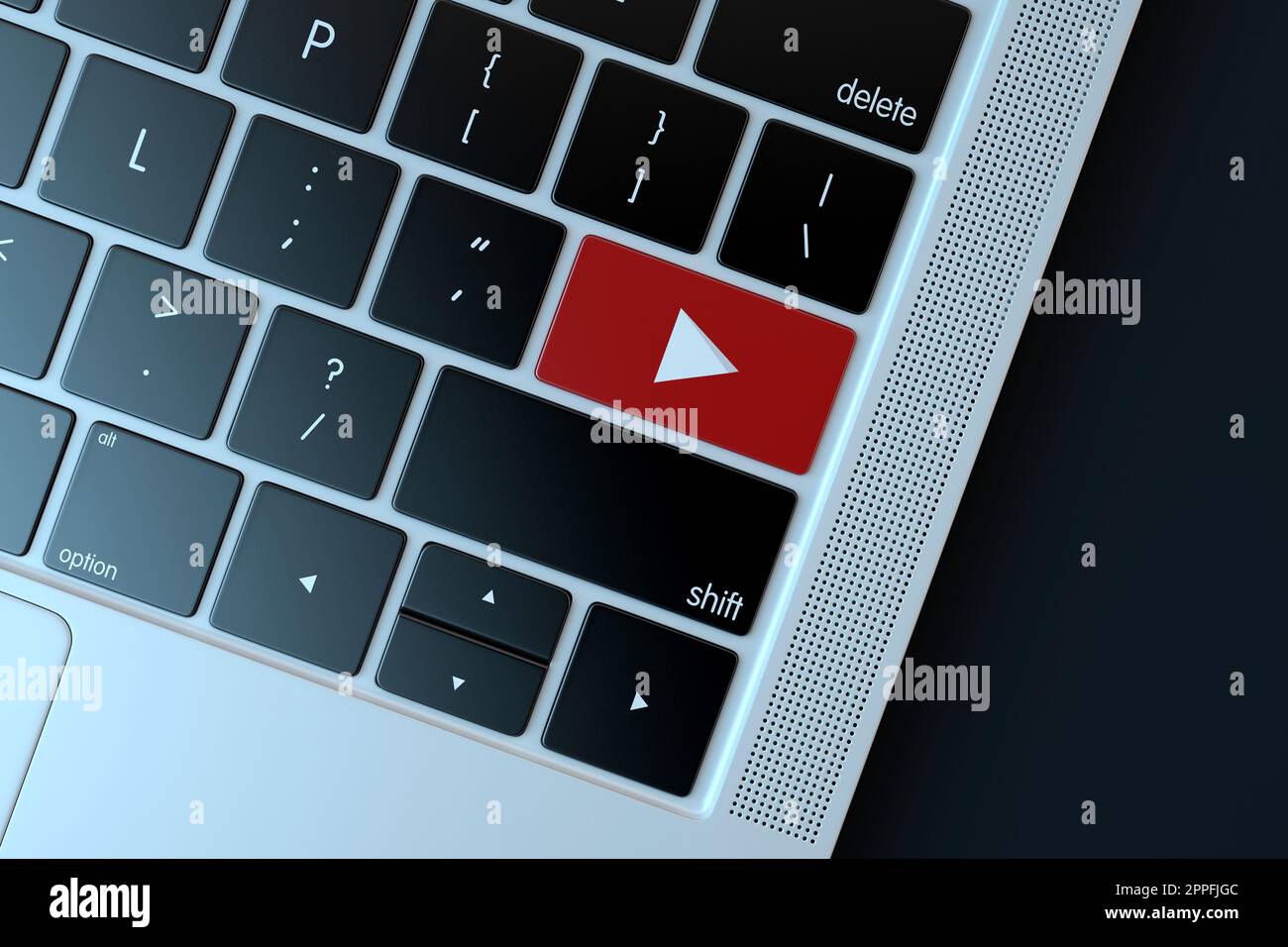YouTube-Symbol auf der Laptop-Tastatur. Technologiekonzept. 3D-Rendering Stockfoto