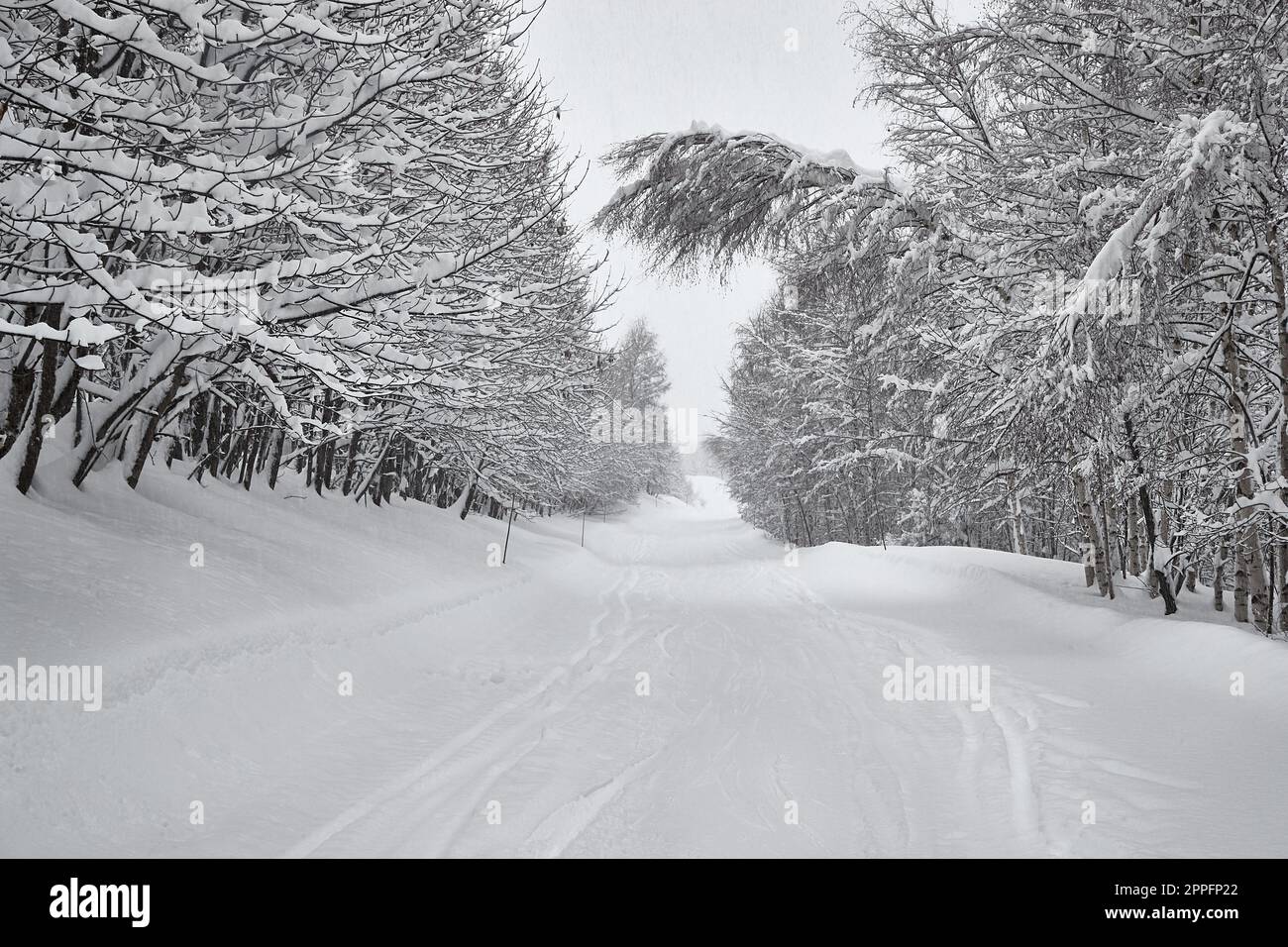 Winter Snowy Mountain Road Landschaft Stockfoto