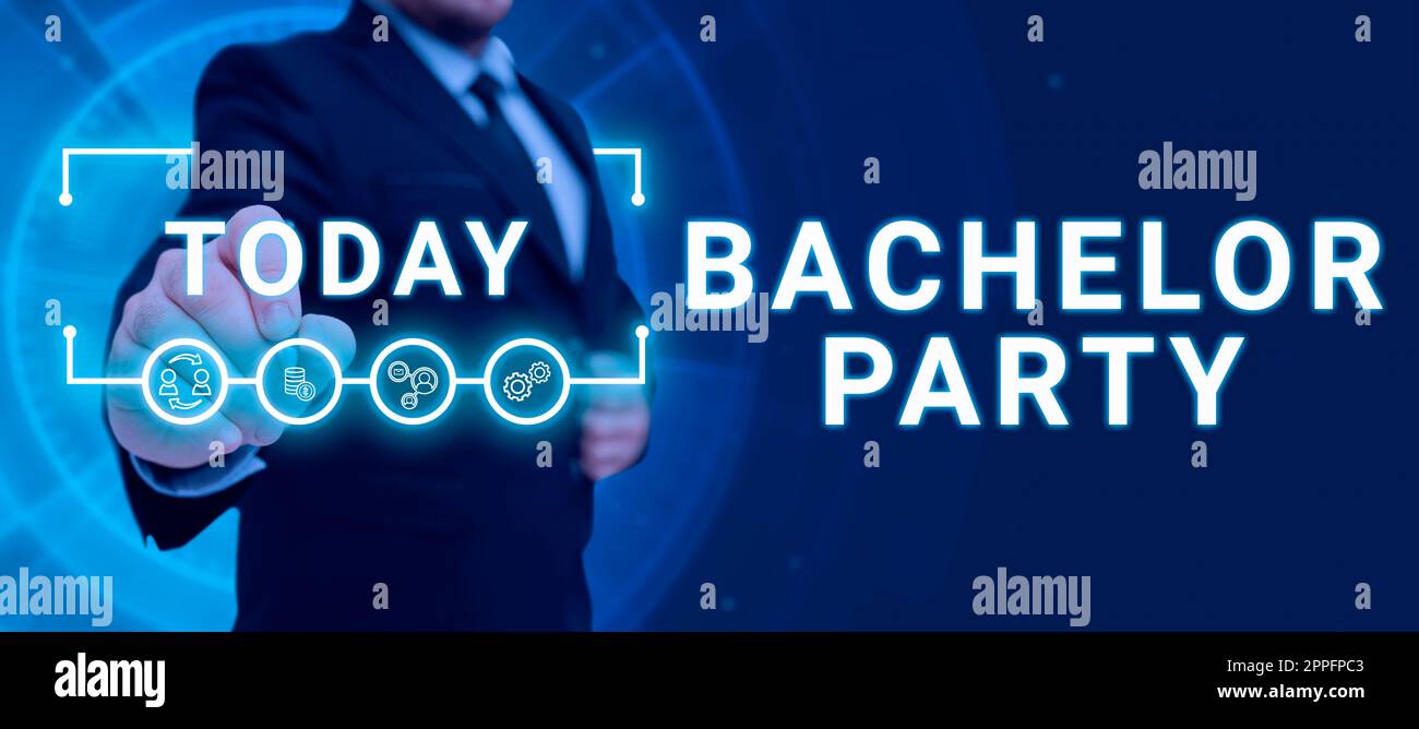 Schreiben Anzeige Text Bachelor Party. Wort für Party für einen Mann, der im Begriff ist, zu heiraten Stag Night gegeben Stockfoto