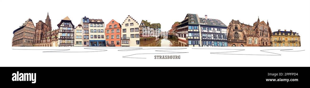 Collage mit verschiedenen Ansichten von Straßburg in Frankreich, Kunstdesign Stockfoto