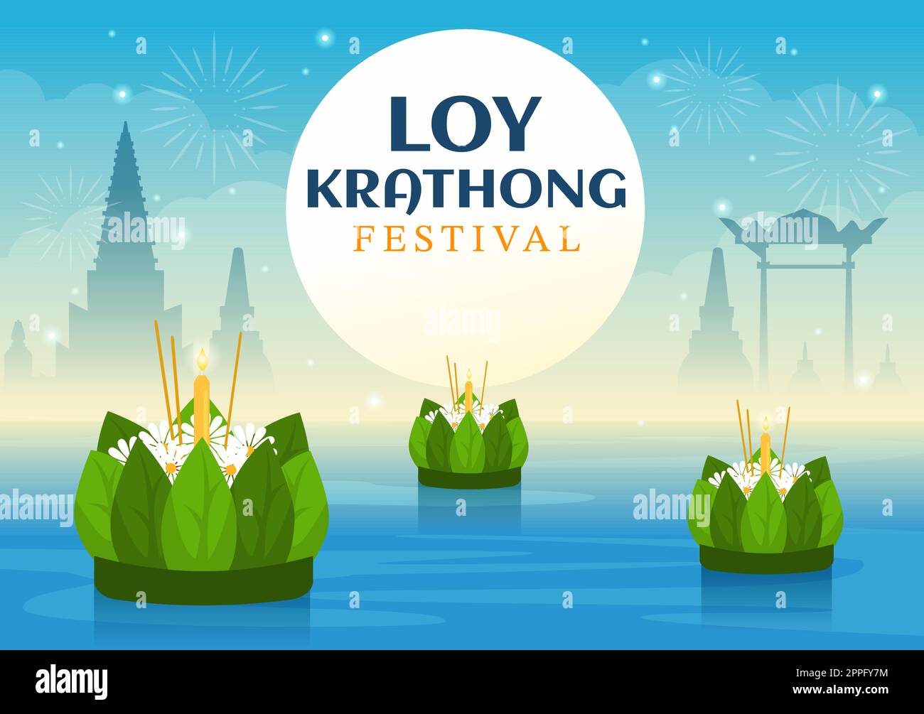 Loy Krathong Festival Feier in Thailand Vorlage Hand gezeichnet Cartoon flache Illustration mit Laternen und Krathongs Floating on Water Design Stock Vektor