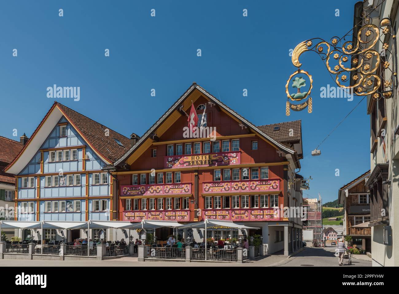 Bunte Häuser im Schweizer Dorf Appenzell Stockfoto