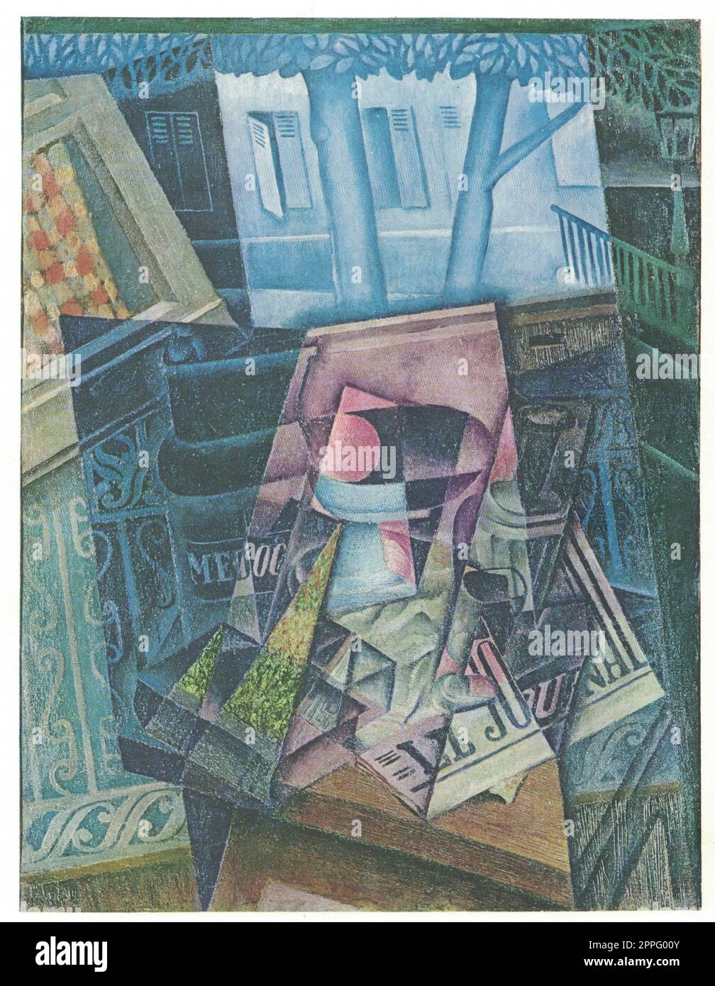Stille Leben vor offenem Fenster, Platz Ravignan. Gemälde von Juan Gris. Öl auf Leinwand, synthetischer Kubismus, Stillleben. Stockfoto