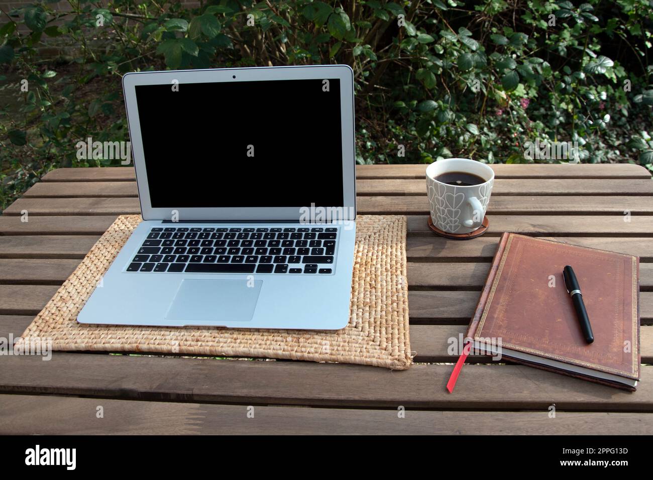 Heimarbeit im Garten mit Laptop Stockfoto