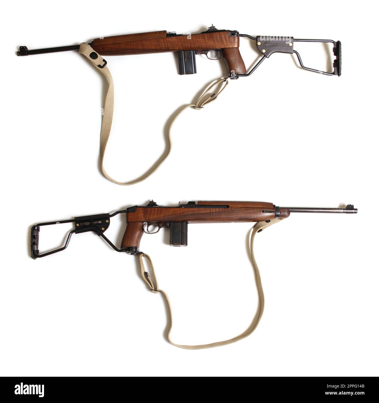 Klassisches Militärgewehr isoliert auf weißem Hintergrund, Ansicht links und rechts M1 Carbine Stockfoto