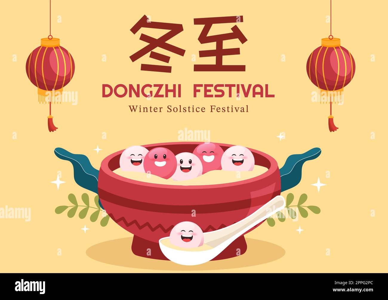 Dongzhi oder Winter Solstice Festival Vorlage Handgezeichnete Cartoon flache Illustration mit Familie genießen chinesisches Essen Tangyuan und Jiaozi Konzept Stock Vektor