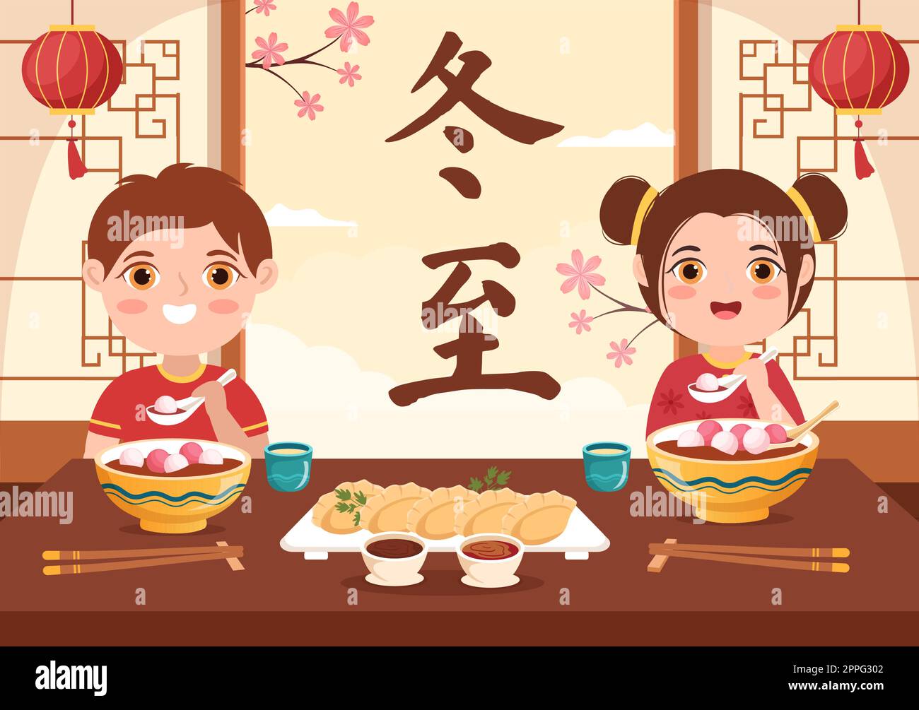 Dongzhi oder Winter Solstice Festival Vorlage Handgezeichnete Cartoon flache Illustration mit Familie genießen chinesisches Essen Tangyuan und Jiaozi Konzept Stock Vektor