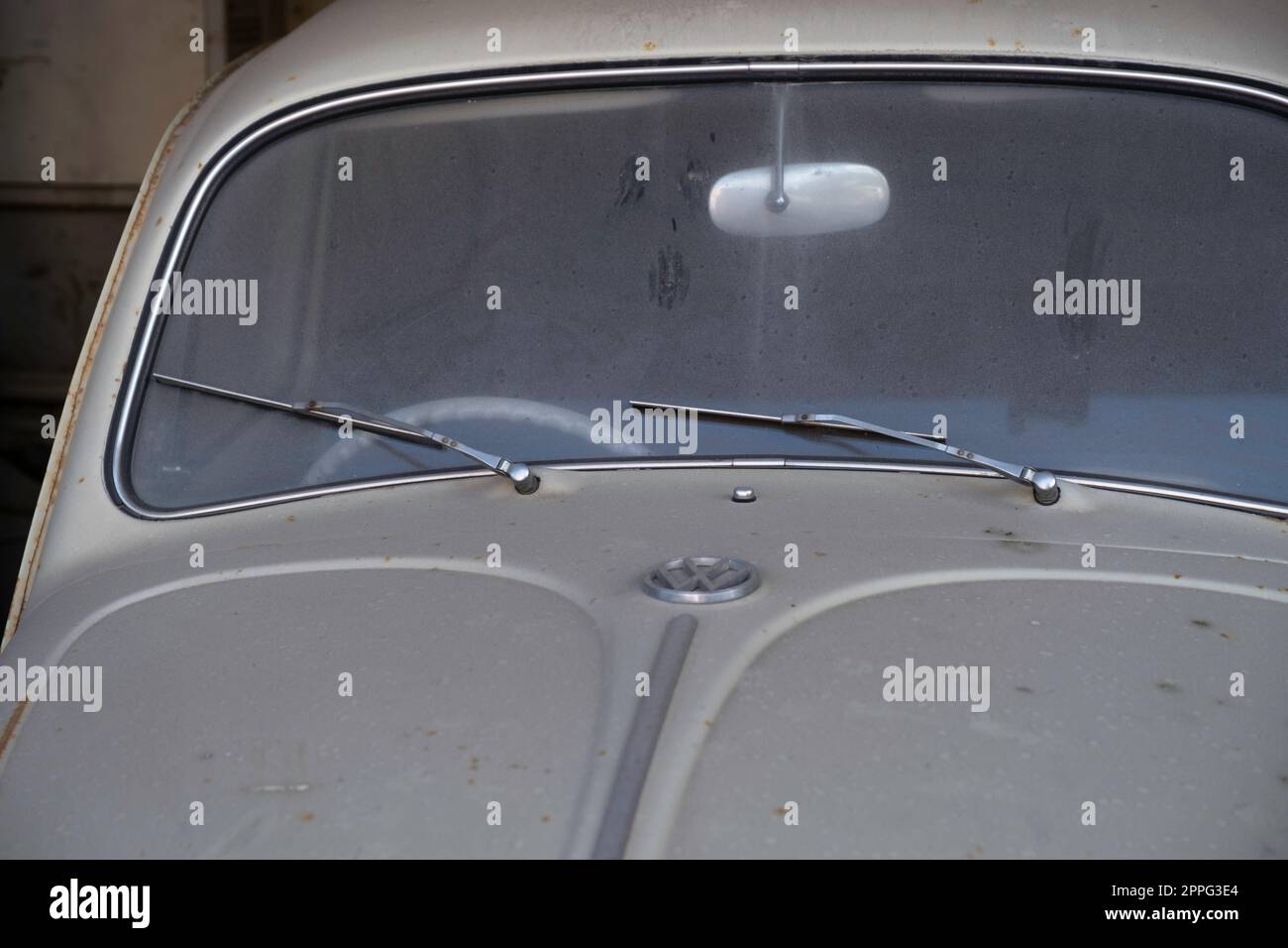 Detail der Vorderseite eines alten, staubigen grauen Volkswagen-Käfers mit Logo, Windschutzscheibe, Scheibenwischern und Motorhaube Stockfoto