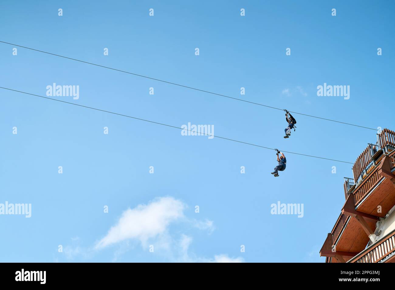 Zwei abenteuerlustige tapfere Männer auf einer Zipline in Magdeburg in Deutschland Stockfoto