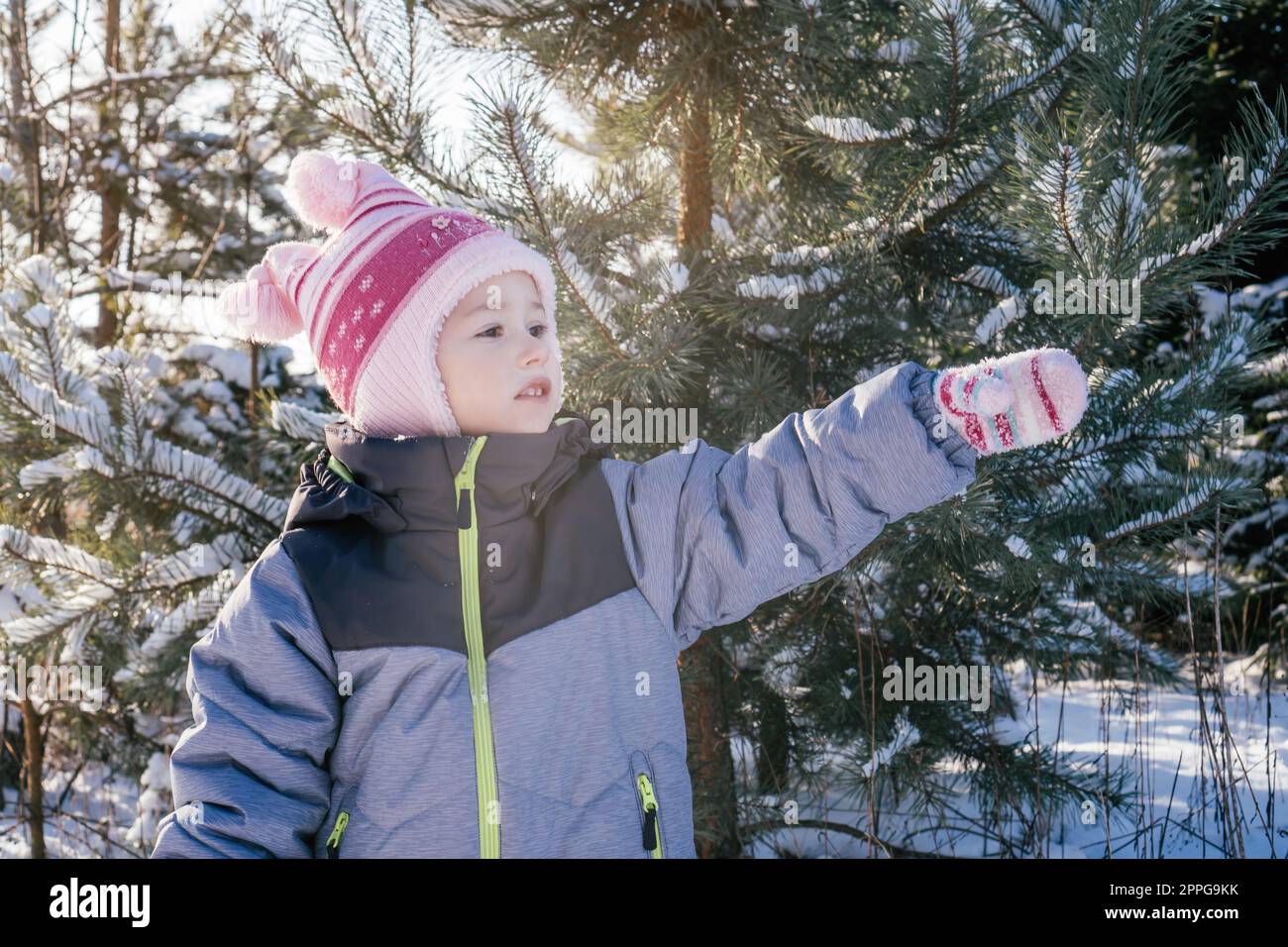 Mädchen 3-4 Jahre alt in Winteranzug, Hut und Fäustlingen, steht gegen schneebedeckte Kiefern und Tanne blickt weg Stockfoto