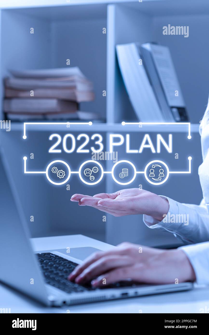 Inspiration mit Schild 2023 Plan. Geschäftsübersicht Festlegen Ihrer Ziele und Pläne für das laufende Jahr oder 2023 Stockfoto