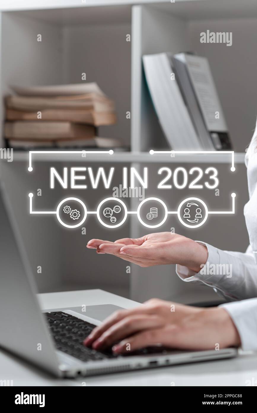 Konzeptionelle Anzeige Neu in 2023. Die Liste der neuen Dinge für Unternehmen wurde dieses oder nächstes Jahr vorgestellt Stockfoto