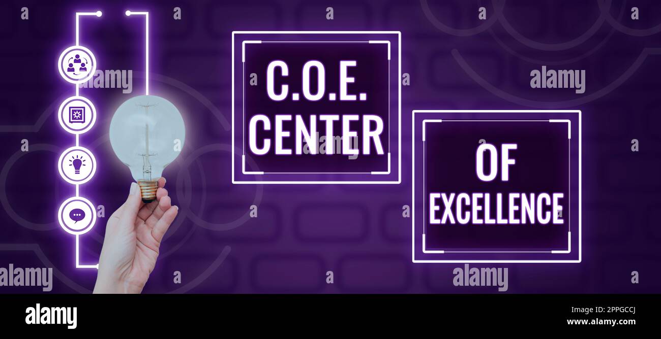 Textunterschrift mit C.O.E. Kompetenzzentrum. Worte dafür, Alpha-Führer in Ihrer Position zu sein, Erfolg zu haben Stockfoto