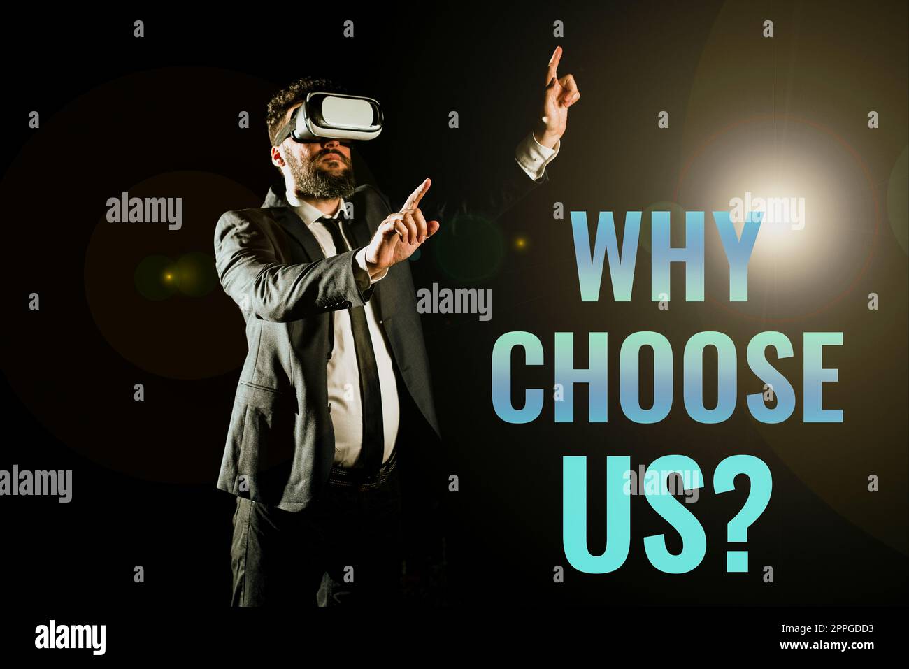 Textunterschrift mit dem Inhalt „Warum uns wählen?“ Wort für Gründe, warum wir unsere Marke anderen Argumenten vorziehen Stockfoto