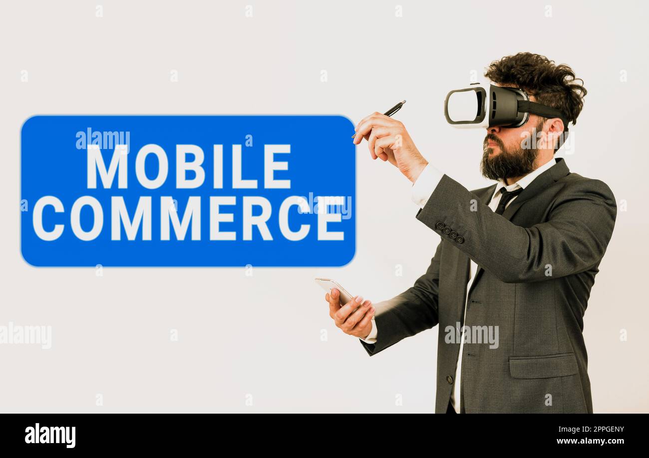 Inspiration mit dem Schild „Mobile Commerce“. Geschäftsidee Alle Online-Geschäftstransaktionen mit Smartphones Stockfoto