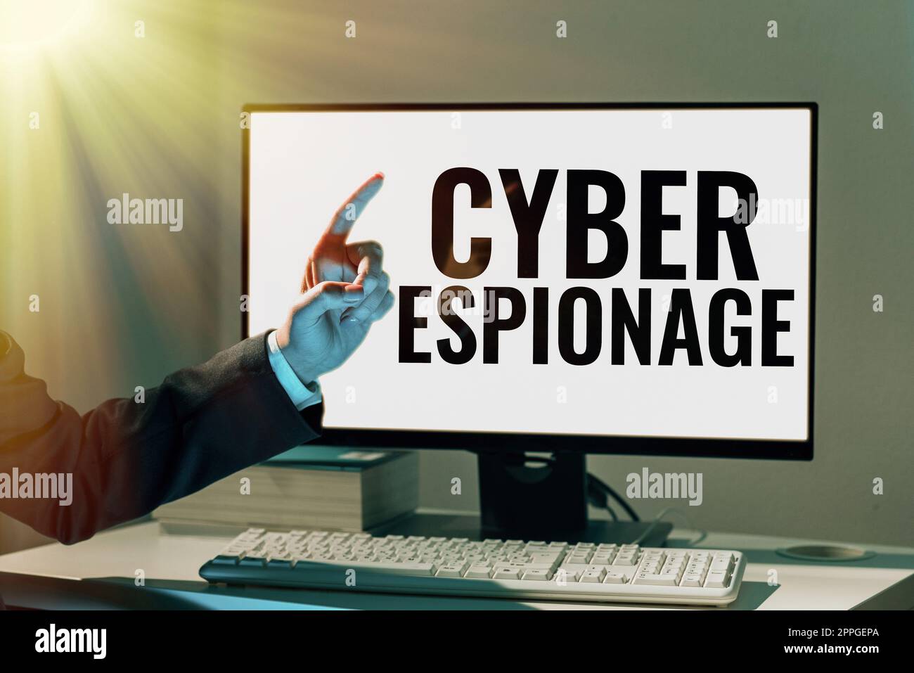Textzeichen für Cyber-Spionage. Konzeptfoto Erlangung von Geheimnissen und Informationen ohne Genehmigung Stockfoto