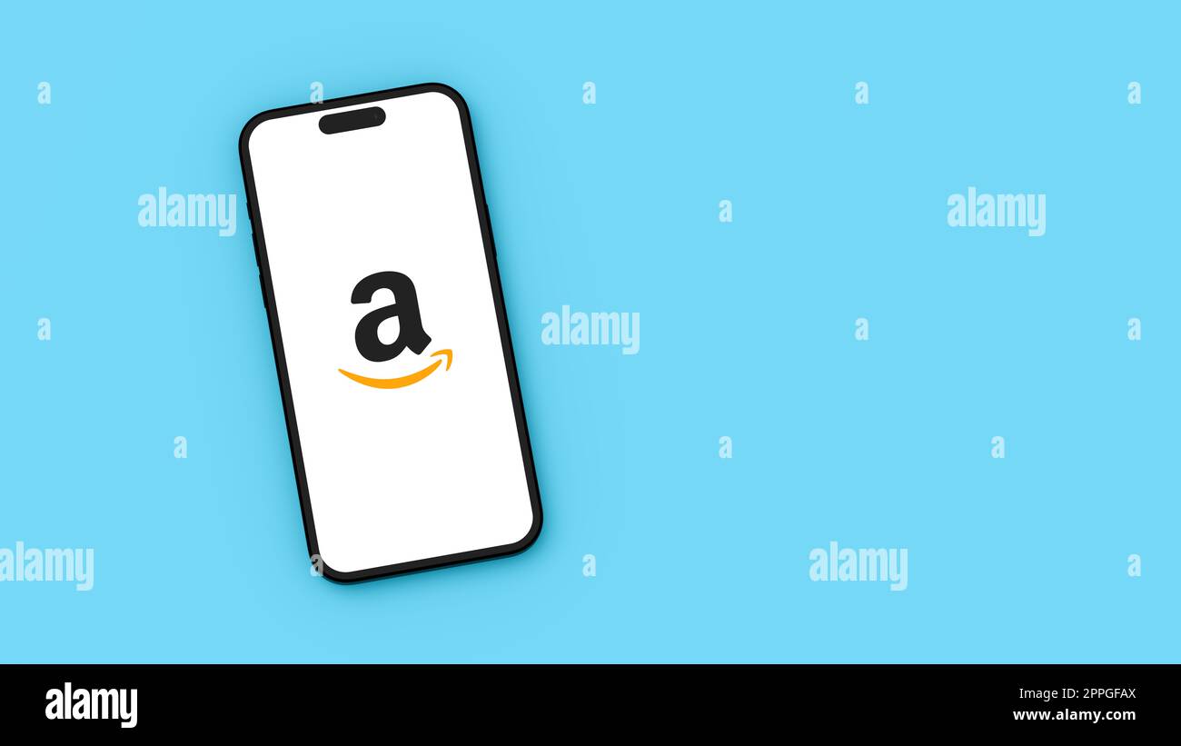 Amazon-Logo auf dem Mobiltelefonbildschirm auf blauem Hintergrund mit Kopierbereich Stockfoto