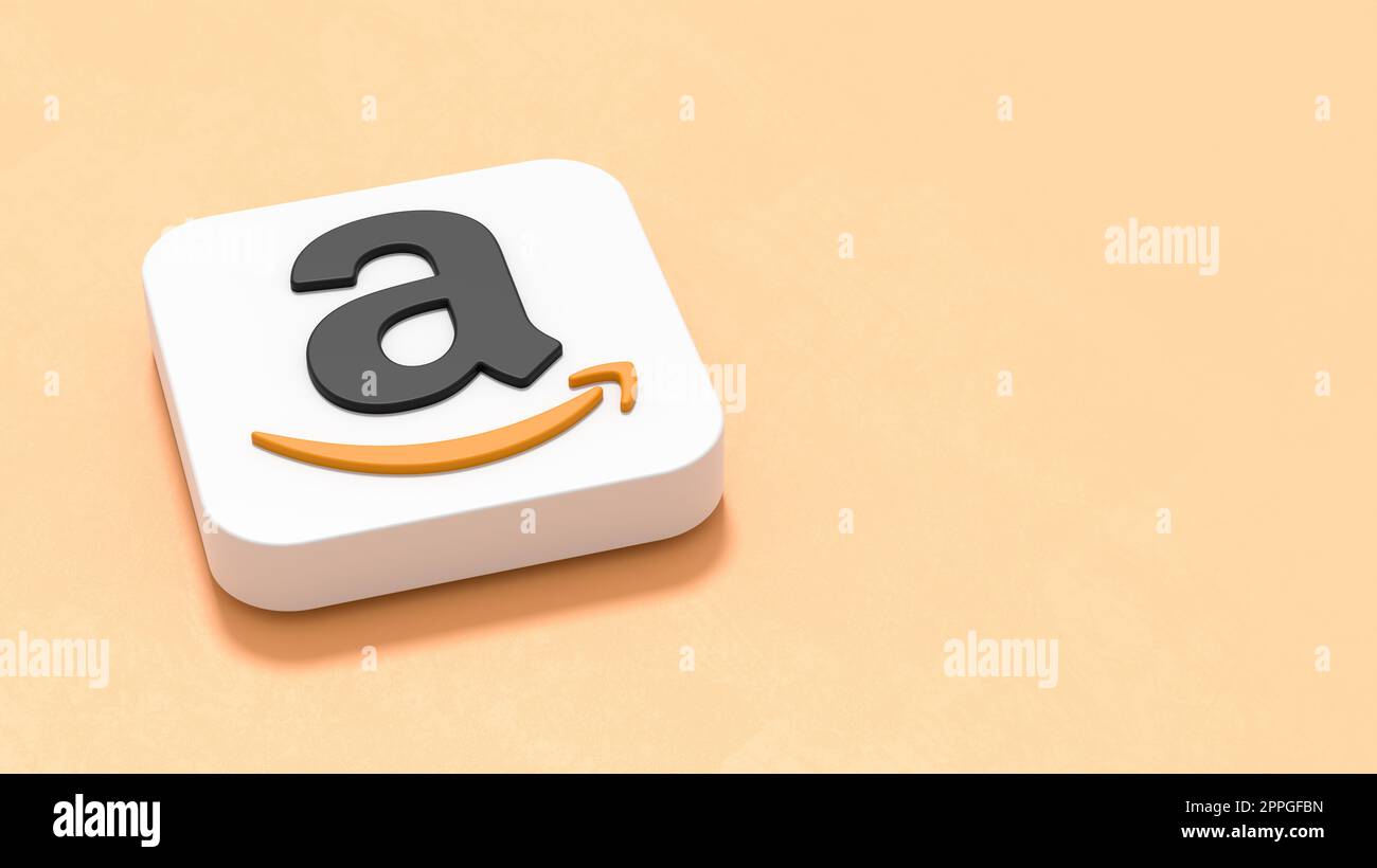 Amazon App-Symbol auf blauem Hintergrund mit Kopierbereich Stockfoto