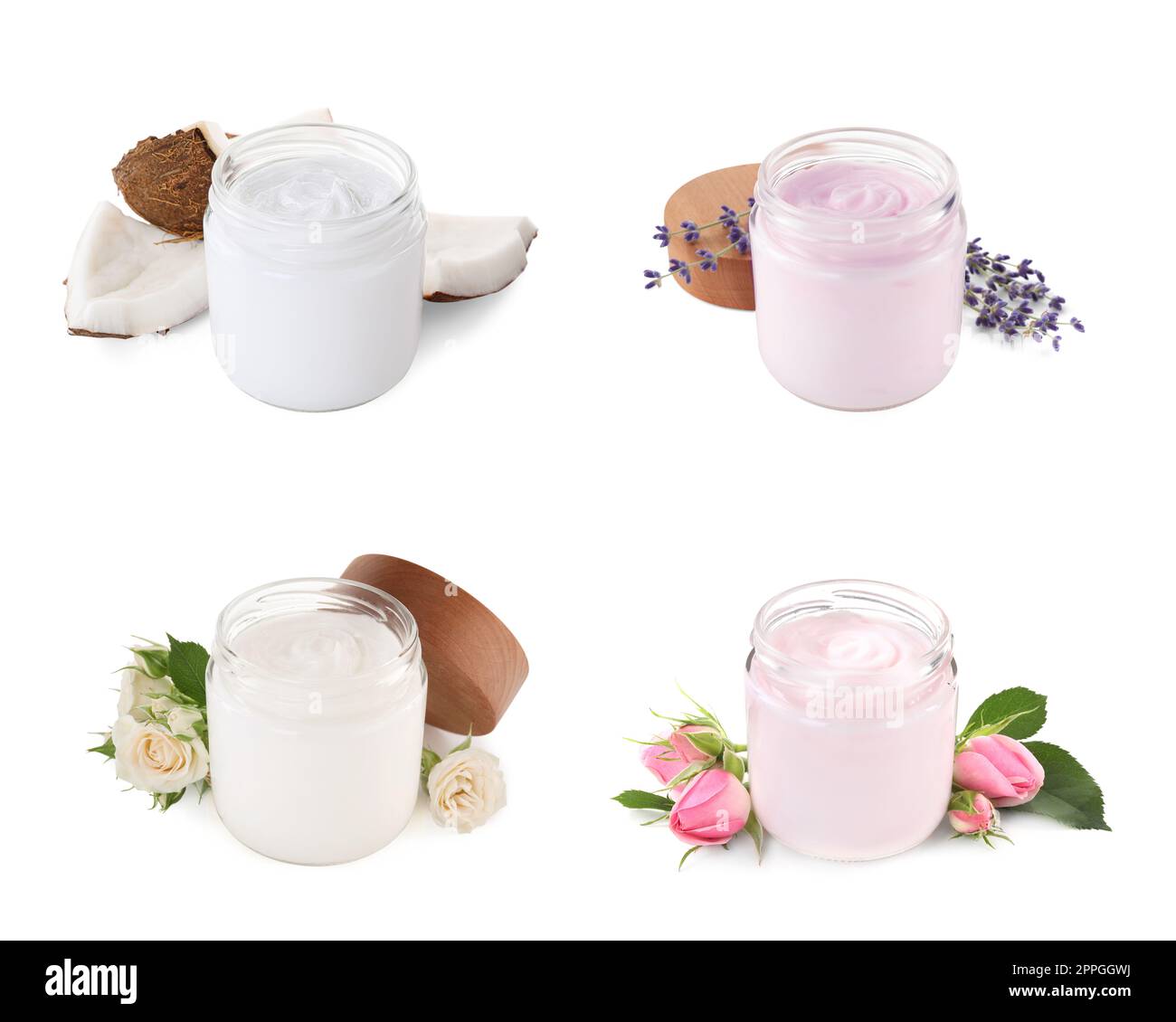 Set aus verschiedenen Gläsern mit Handcreme auf weißem Hintergrund Stockfoto