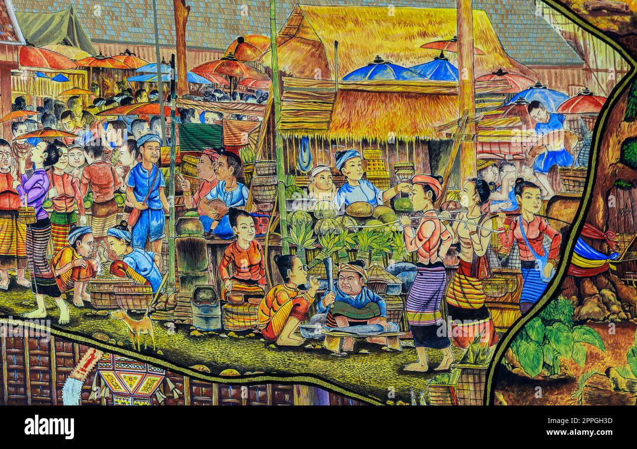 Thai Lanna Wandgemälde vom Leben der thailändischen Bevölkerung in der Vergangenheit an der Tempelmauer in Chiang Mai, Thailand Stockfoto