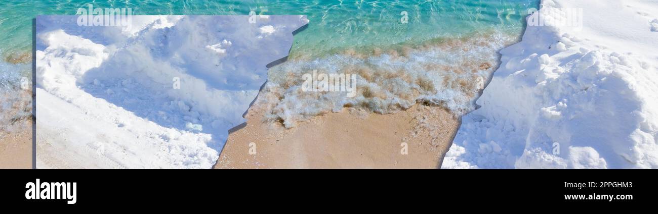 Collage über Schnee im Vergleich zum tropischen Meer. Kreuzfahrtkonzept zu Weihnachten Stockfoto