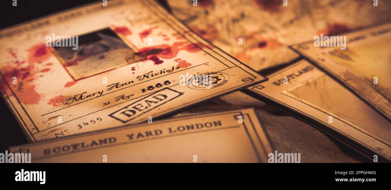Jack the Ripper Victims, Scotland Yard, 1888. Der Mörder ermordete 12 Frauen. Bilder mit Blut - ein dunkles Verbrechen aus der viktorianischen Zeit. Stockfoto